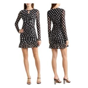 AFRM Antoinette Polka Dot Ruched Mini Dress Mesh Long Sleeve Black White Size M